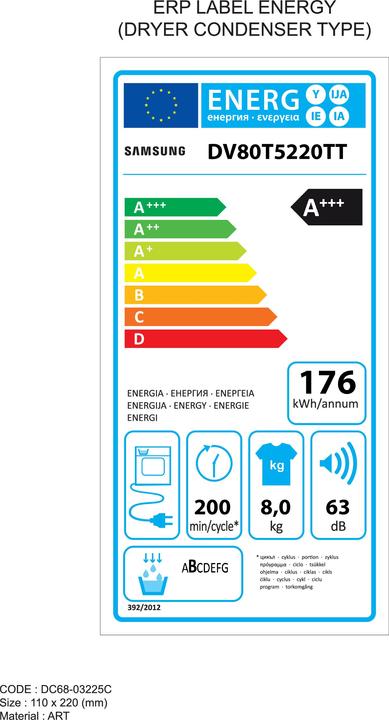 Label énergétique Samsung DV80T5220TT Sèche-linge à pompe à chaleur (8 kg, Gauche)