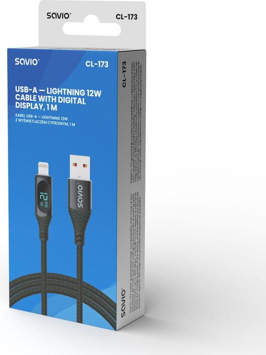 Produktbild Savio USB - Lightning Kabel mit Display CL-173 1 m schwarz (1 m, USB 2.0)