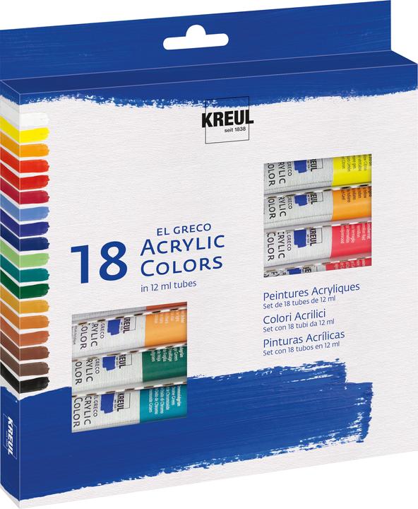 Immagine prodotto Kreul EL GRECO - set vernice acrilica (Vero limone giallo, Bianco di titanio, Verde chiaro, Verde foglia, Rosso malva, Luci Ocra, Cremisi, Ombra bruciata, Blu oltremare, Nero, Ossido di cromo verde, Azzurro, Blu cobalto scuro, 216 ml)