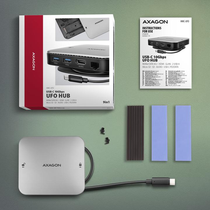 Immagine prodotto Axagon HMC-UFO hub USB-C, M.2 SATA/NVMe, 1 Gbit/s Ethernet, 384 kHz audio - nero/argento (USB-C, 3 Porti)