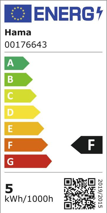 Etichetta energetica Hama Lampada LED intelligente, Matter, E27, retrò, filamento ST64, RGBW, dimmerabile, con app (E27, 4.90 W, 470 lm, 1 x, F)