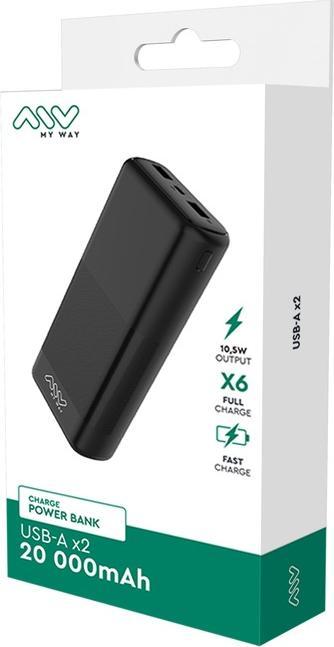 Produktbild My Way MYWAY POWERBANK 2 USB 20 000mAh NOIR (20000 mAh, 10 W, 74 Wh)