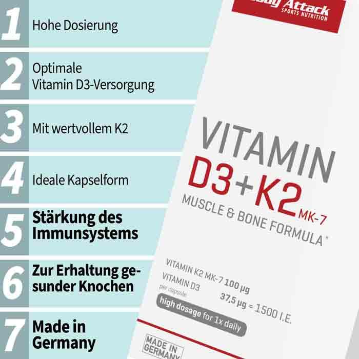 Nährwerte und Zutaten Body Attack Vitamin D3 + K2 (30 Stück, Kapseln, 16.30 g)