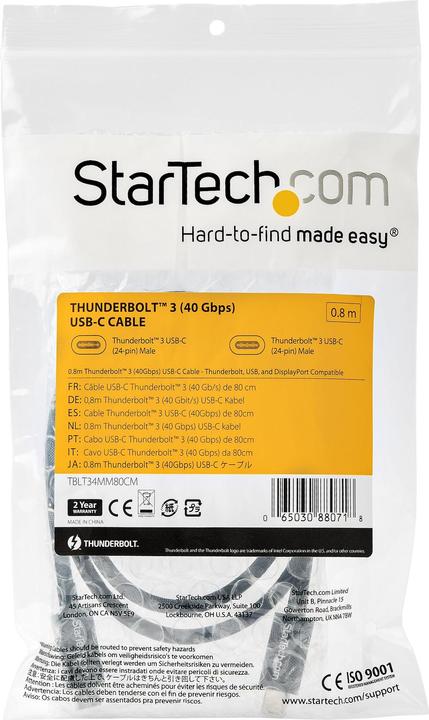 Image du produit StarTech com Câble Thunderbolt 3 de 0,8 m - 40 Gbps, Mâle, Mâle, 0,8 m, Noir, Nickel, 40 Gbit/s (0.80 m, USB 3.2)
