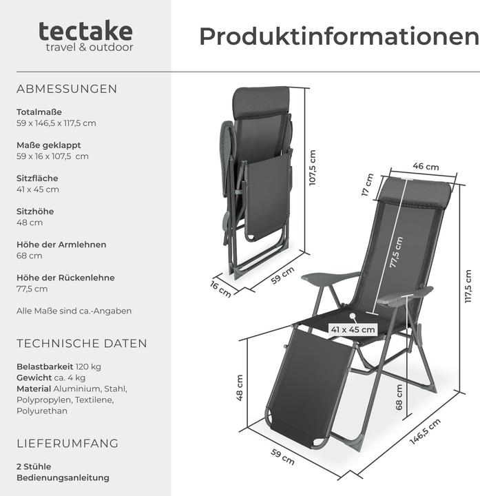 Produktbild tectake 2 Aluminium Gartenstühle klappbar mit Kopfteil und Fussteil
