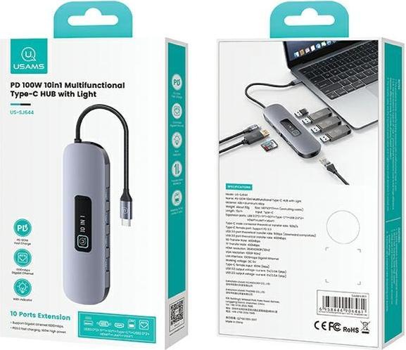 Actual product image Usams US-SJ644 PD100W 10in1 Multifunctional Type-C HUB with Light(Type-C To HDMI+USB3.0*2+USB2.0*2+VGA+TF (USB-C, 10 Ports)