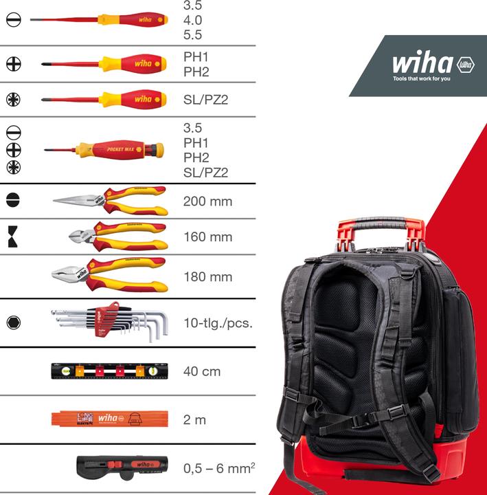Produktbild Wiha Elektriker Werkzeugrucksack 27tlg Elektriker Grundausstattung stabiler Standboden Laptopfach (28 Teile)