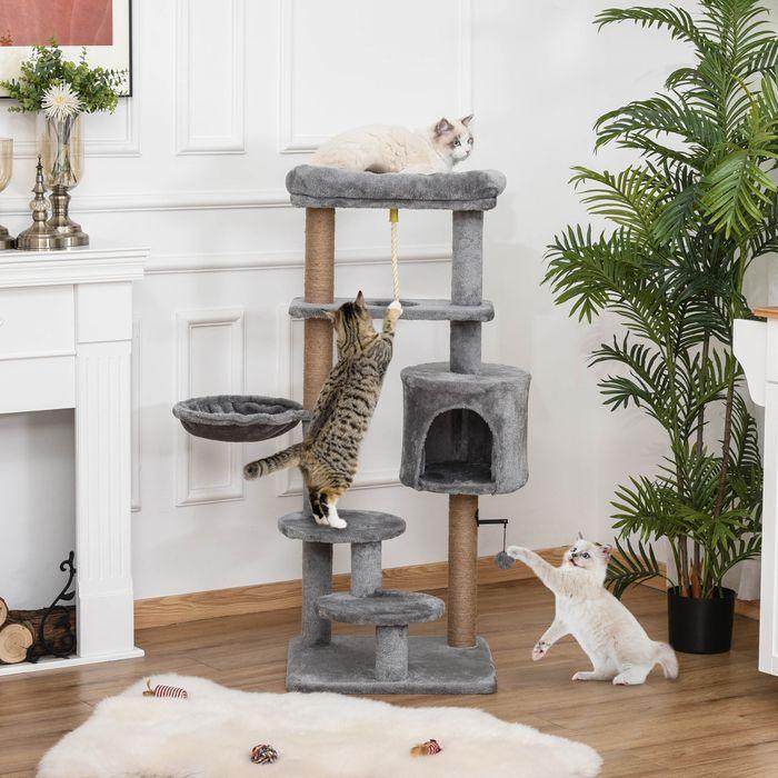 Image du produit Swisshandel24 Arbre à chat 120 cm tronc de jute, pour chats jusqu'à 5 kg, gris clair (120 cm, Gris clair+Beige)