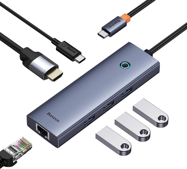 Image du produit Baseus Hub 6w1 UltraJoy 6-Port ( USB-C vers 1xHDMI4K@30Hz + 3xUSB 3.0 + 1xPD +RJ45) (USB-C, 6 Ports)