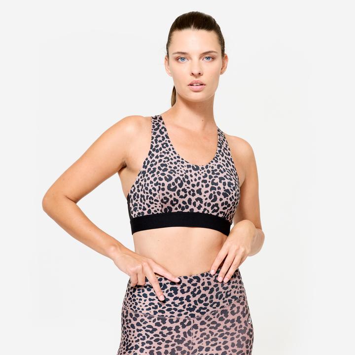 Image du produit Decathlon Brassière dos nageur avec coques maintien modéré Femme, Léopard beige et noir (L)