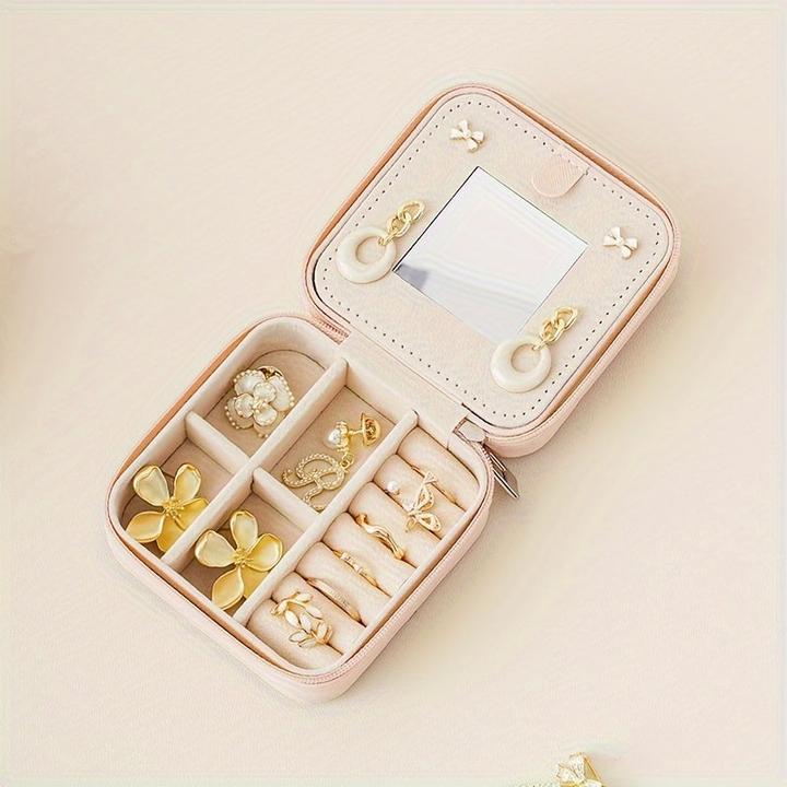 Produktbild Only-Bags.Store 1 Stück Mini-Reise-Schmuck-Organizer im klassischen Stil mit Spiegel, 3-lagiger Aufbewahrungskoffer