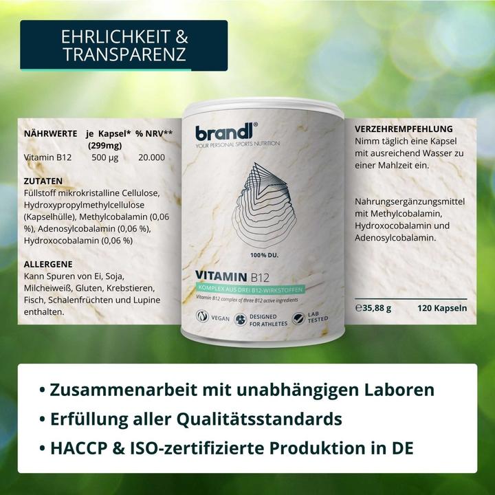 Valori nutrizionali e ingredienti Brandl-Nutrition Vitamina B12 Vegan (1 Pezzo/i, Pillole, 45 g)