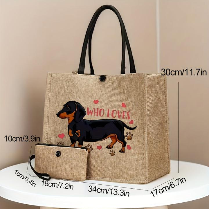 Image du produit Only-Bags.Store 2 Stück Hundedruck Canvas Tote Bags - Leichte Reise- und Strandtaschen mit Schnallenverschluss
