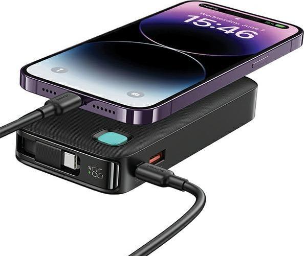 Actual product image Usams Powerbank ze zwijanym kablem USB-C Retractable 10000 mAh PD 20W Fast Charge XY Series czarny/b (10000 mAh, 50 W, 50 Wh)