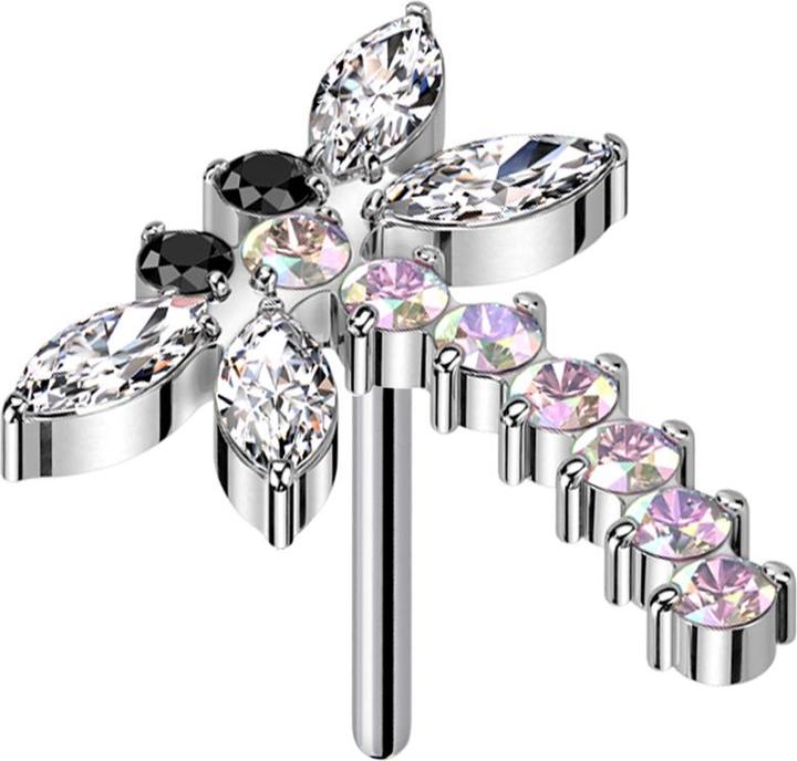 Star Piercing Threadless Libelle silber Kristalle multicolor (ohne Messing, Titan G23)