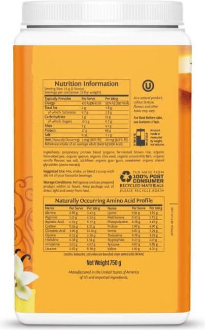 Nutritional values and ingredients Sunwarrior Protein Classic Plus (Chocolate, Vanilla, 1 pcs., 750 g)