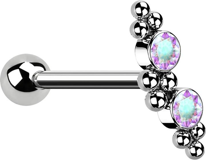 Star Piercing Micro Barbell silber mit Kugel zwei Kristallen multicolor und Kugeln (ohne Messing, Chirurgenstahl 316L)