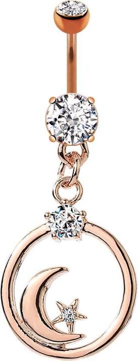 Produktbild Star Piercing Banane rosegold mit zwei Kugeln Kristall silber Anhänger Kreis Mond und Stern (Chirurgenstahl 316L, Messing)