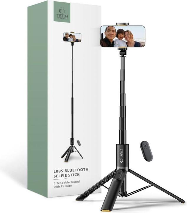 Actual product image Tech-Protect L08S Bluetooth selfie stick with remote control, tripod up to 141cm - black