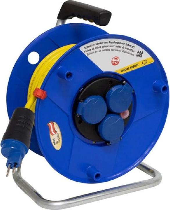 Immagine prodotto Brennenstuhl BAT avvolgicavo 290 IP44 blu 33m AT-N07V3V3-F 3G1.5 giallo, prese triple (IP55) T13/230V con (33 m, 1.50 mm².)