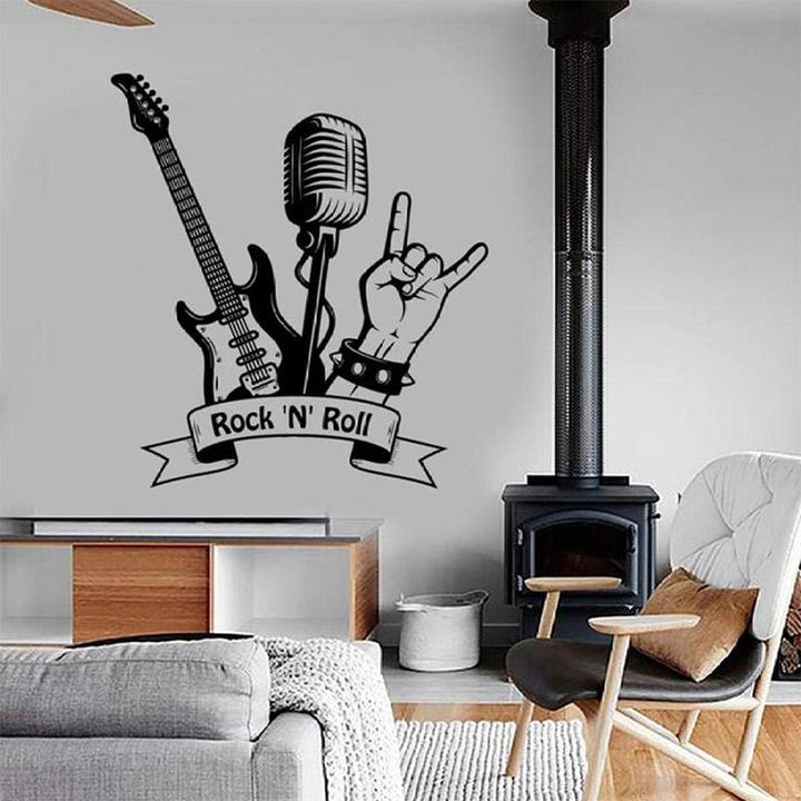 Actual product image Cbx Rock N Roll Wall Tattoo, Wall Picture Music Rock Guitar Microphone Sticker 57x62cm (74 x 81 cm)