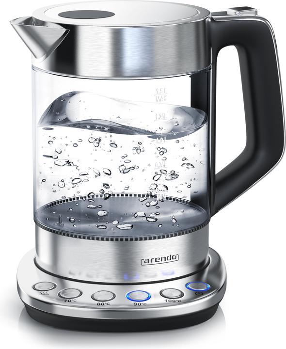 Immagine prodotto Arendo Bollitore da 1,5 l, 2200 W, acciaio inox e vetro con stazione base, impostazione temperatura 70° C (1.50 l)