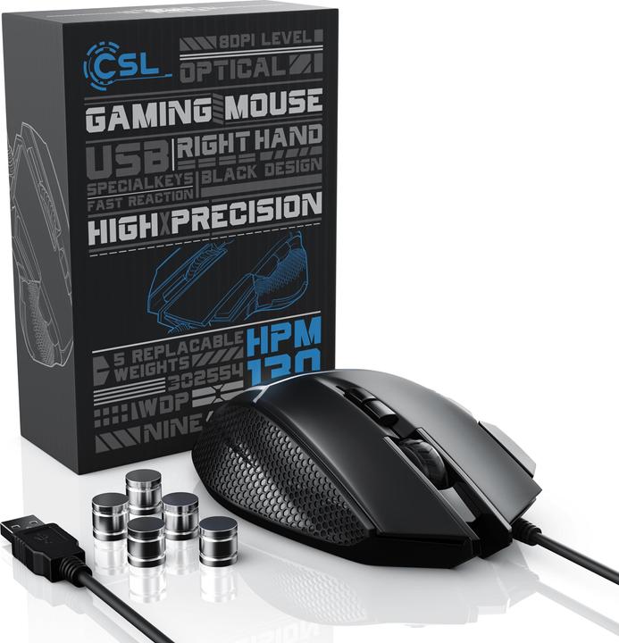 Produktbild CSL Gaming Maus kabelgebunden 500 dpi, ergonomisch, 3200 dpi, Abtastrate wählbar, Mouse inkl. Gewichten (Kabelgebunden)